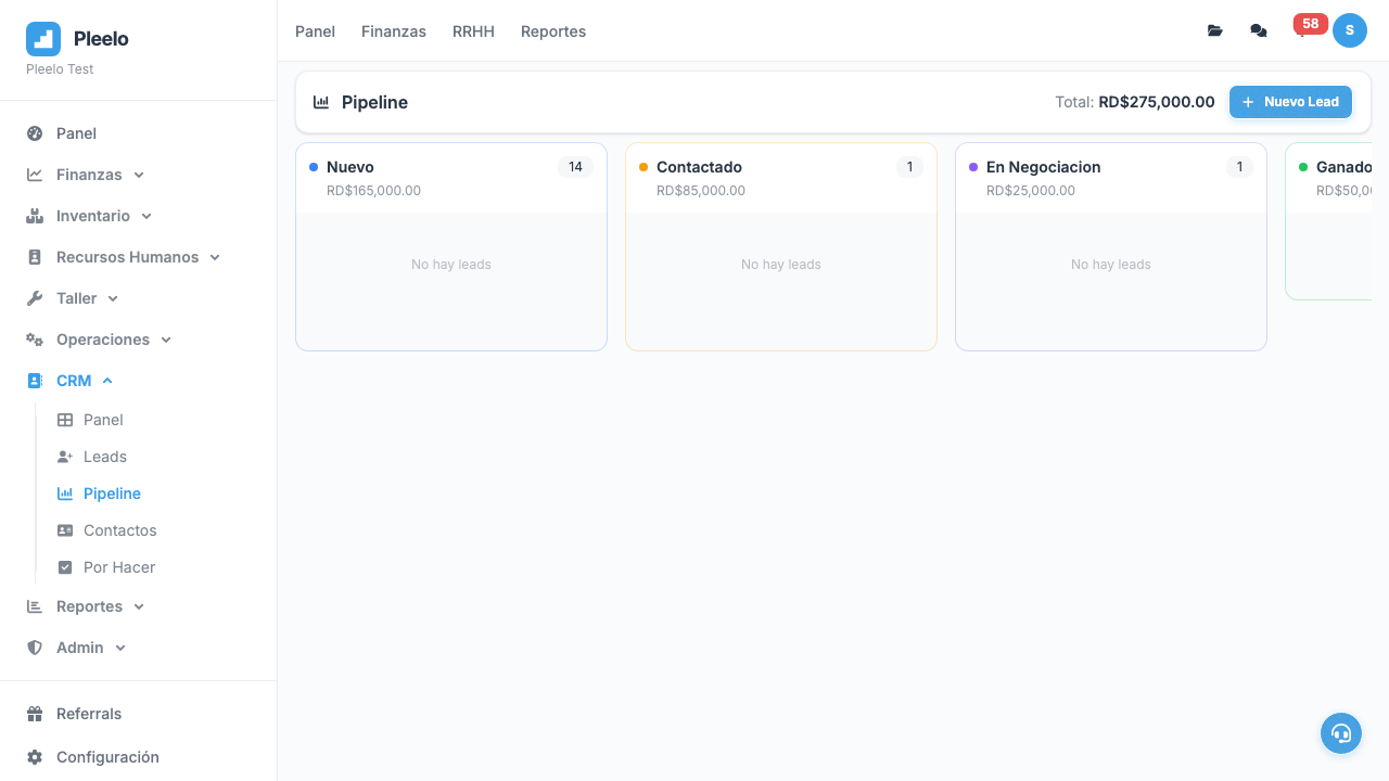 Vista de Pipeline (Kanban)