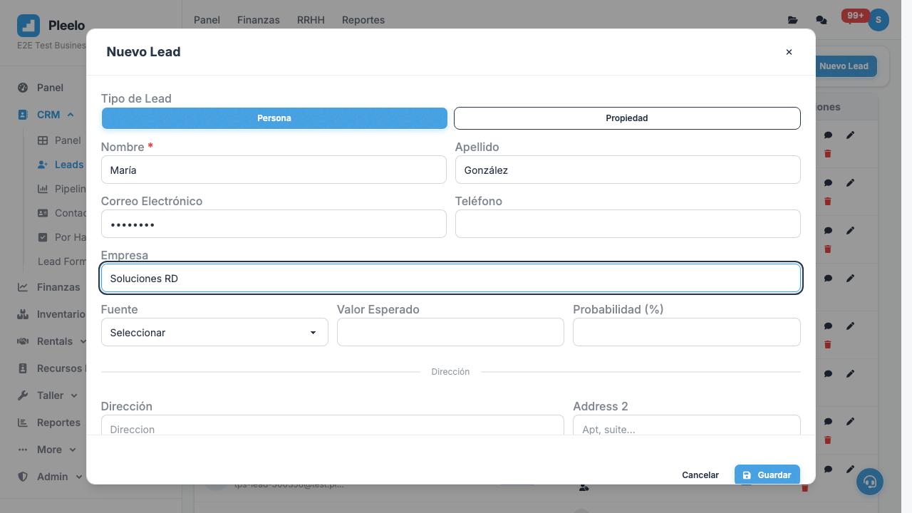 CRM walkthrough create lead form